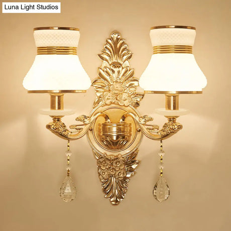Modern Frosted Glass Bell Shade Wall Sconce With Gold Carved Backplate