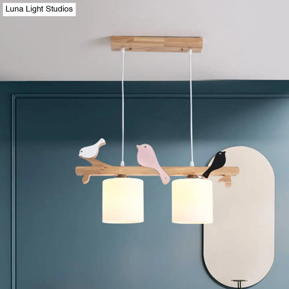 Modern Frosted Glass Pendant Light With Wood Accent - 2/3 Lights | Barrel Island Hanging Lamp Kit