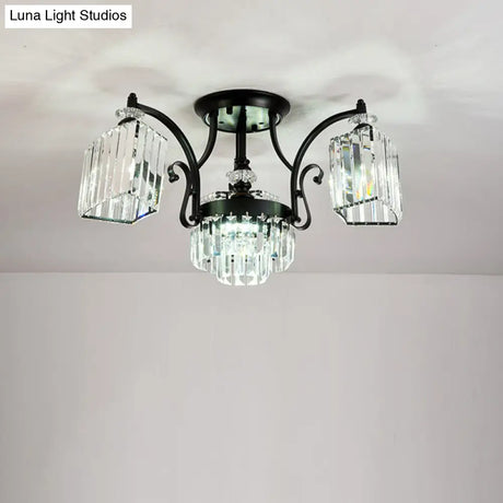 Modern Geometric Ceiling Mounted Fixture With Crystal Rods And 3 Black Flush Lights In White