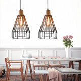 Modern Geometric Wire Cage Iron Pendant Lamp With Wooden Top - 12’/13’ H 1-Light Black Bedroom