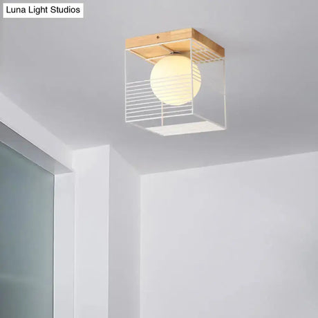 Modern Geometric Wooden Led Bedroom Flush Ceiling Light With Beige Acrylic Shade