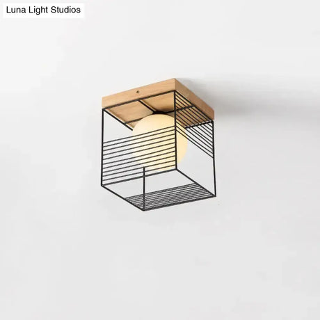 Modern Geometric Wooden Led Bedroom Flush Ceiling Light With Beige Acrylic Shade