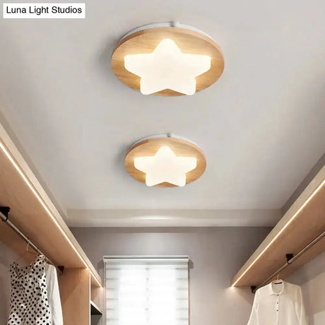 Modern Geometric Wooden Led Bedroom Flush Ceiling Light With Beige Acrylic Shade