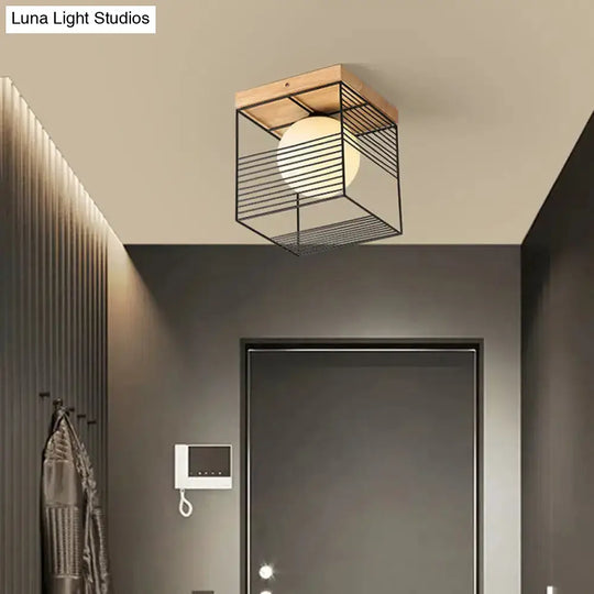 Modern Geometric Wooden Led Bedroom Flush Ceiling Light With Beige Acrylic Shade Wood / White C