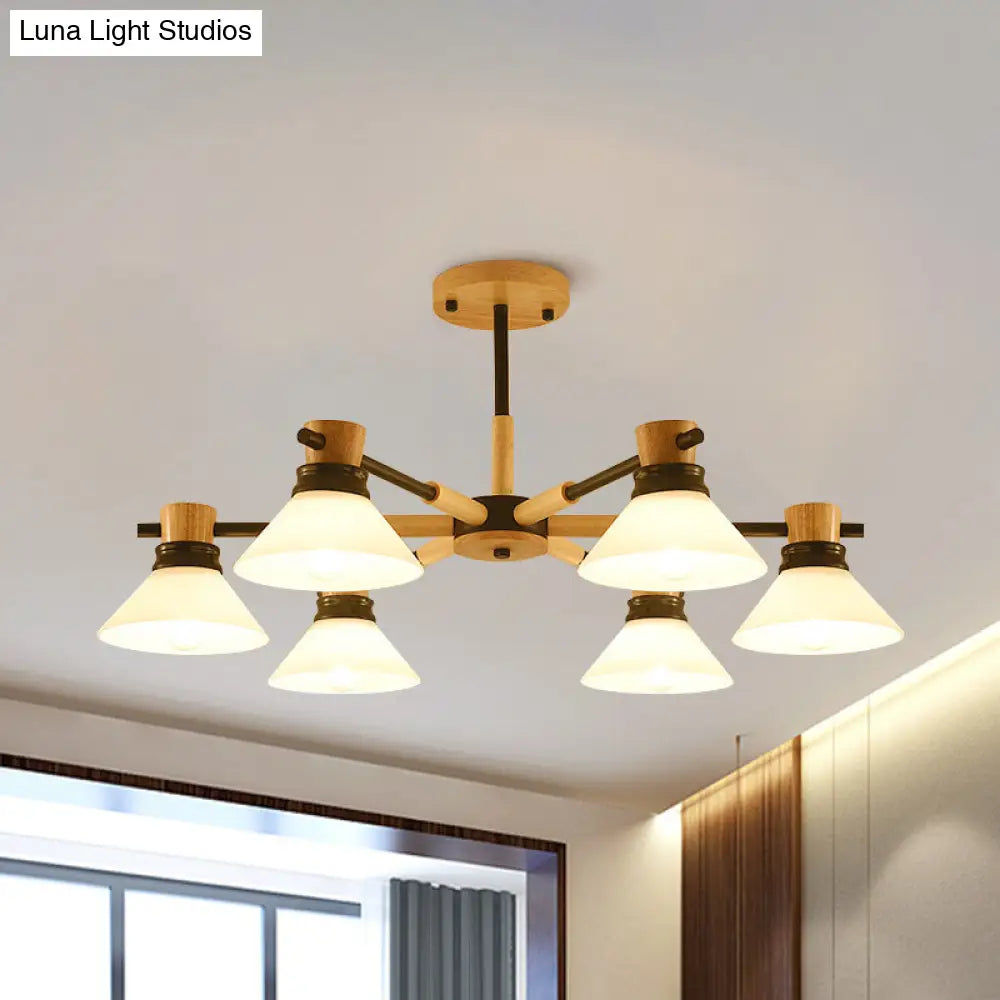 Modern Glass And Wood Hanging Pendant Chandelier - Black/Gold Branch Cone Shade For Sitting Room