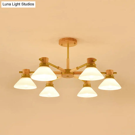 Modern Glass And Wood Hanging Pendant Chandelier - Black/Gold Branch Cone Shade For Sitting Room