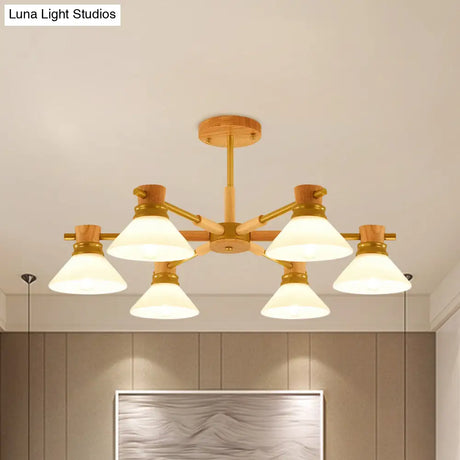 Modern Glass And Wood Hanging Pendant Chandelier - Black/Gold Branch Cone Shade For Sitting Room