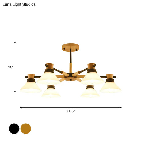 Modern Glass And Wood Hanging Pendant Chandelier - Black/Gold Branch Cone Shade For Sitting Room