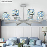 Modern Glass Mosaic Drum Chandelier - 8-Light Indoor Lighting Fixture In Blue/Yellow For Living Room