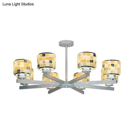 Modern Glass Mosaic Drum Chandelier - 8-Light Indoor Lighting Fixture In Blue/Yellow For Living Room