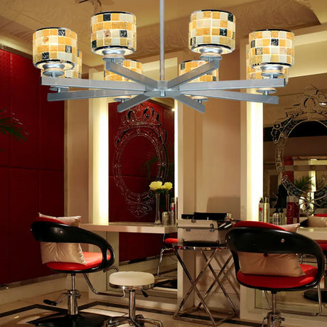 Modern Glass Mosaic Drum Chandelier - 8-Light Indoor Lighting Fixture In Blue/Yellow For Living