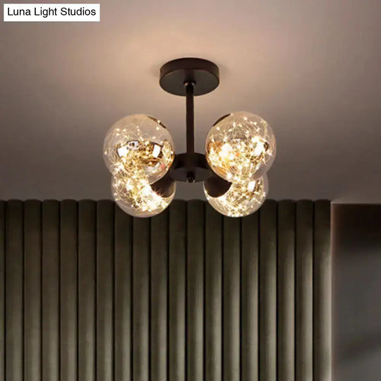 Modern Glass Semi Flush Mount Ceiling Light With Spherical Led Bulbs - 4-Light Bedroom Fixture