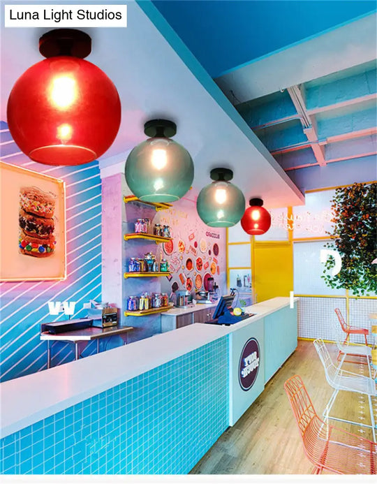 Modern Glass Semi Flush Mount Ceiling Light With Spherical Shade For Hallway