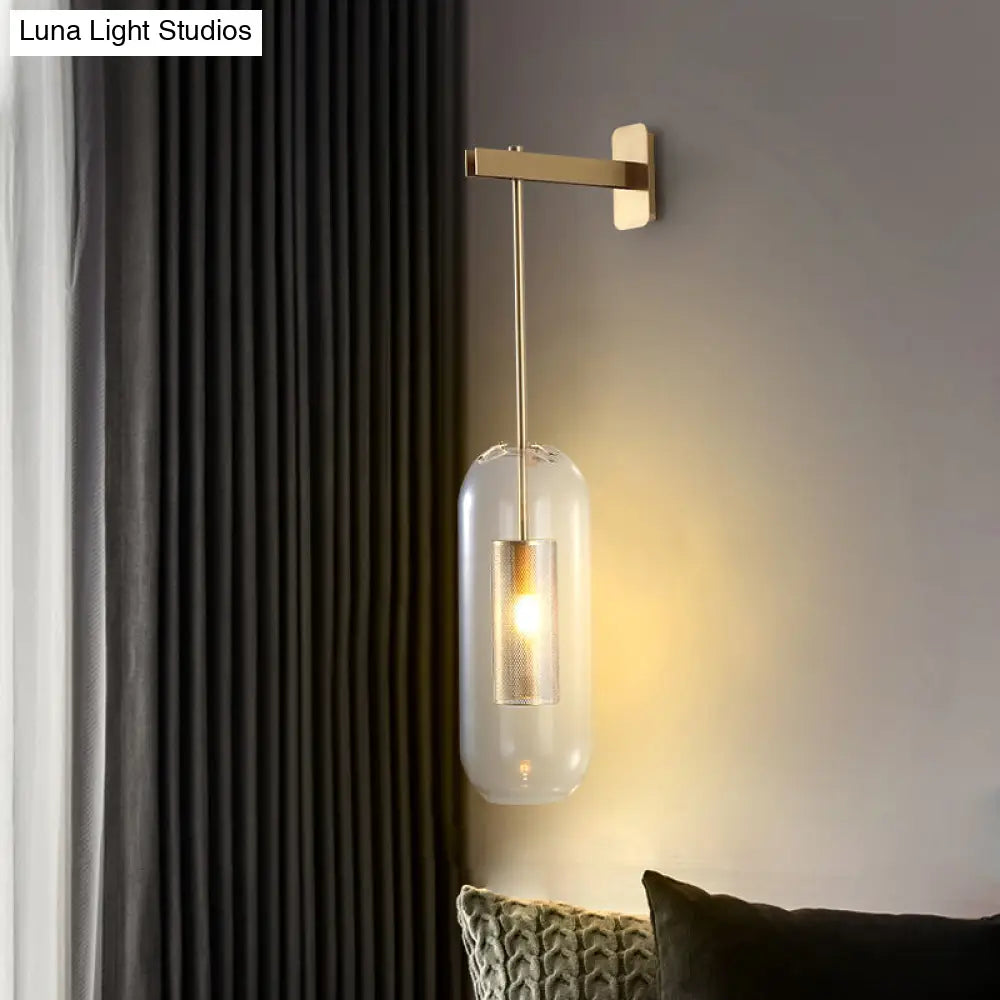 Modern Glass Wall Lamp With Brass Sconce And Mesh Guard