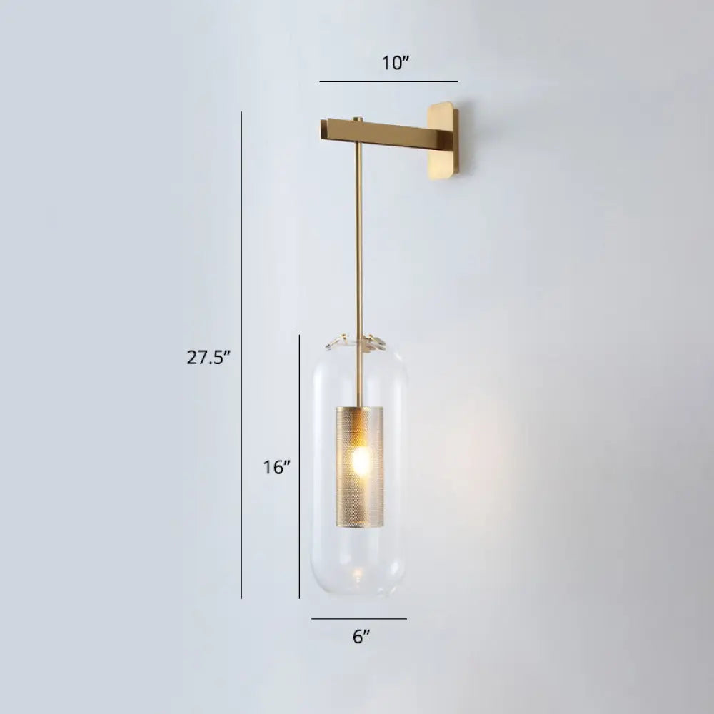 Modern Glass Wall Lamp With Brass Sconce And Mesh Guard Clear / Short Arm