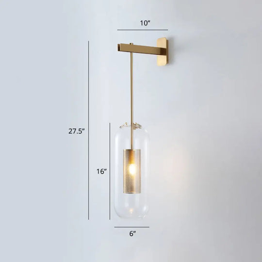 Modern Glass Wall Lamp With Brass Sconce And Mesh Guard Clear / Short Arm