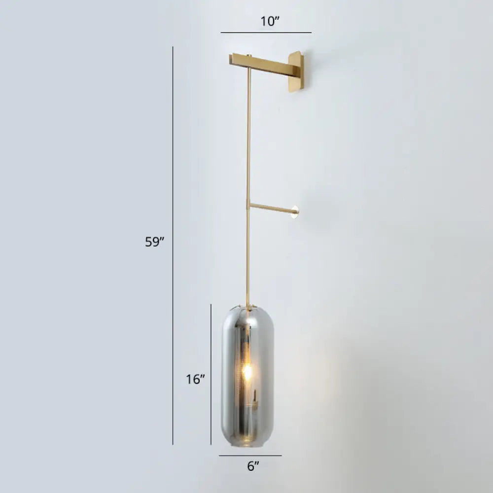 Modern Glass Wall Lamp With Brass Sconce And Mesh Guard Smoke Gray / Long Arm