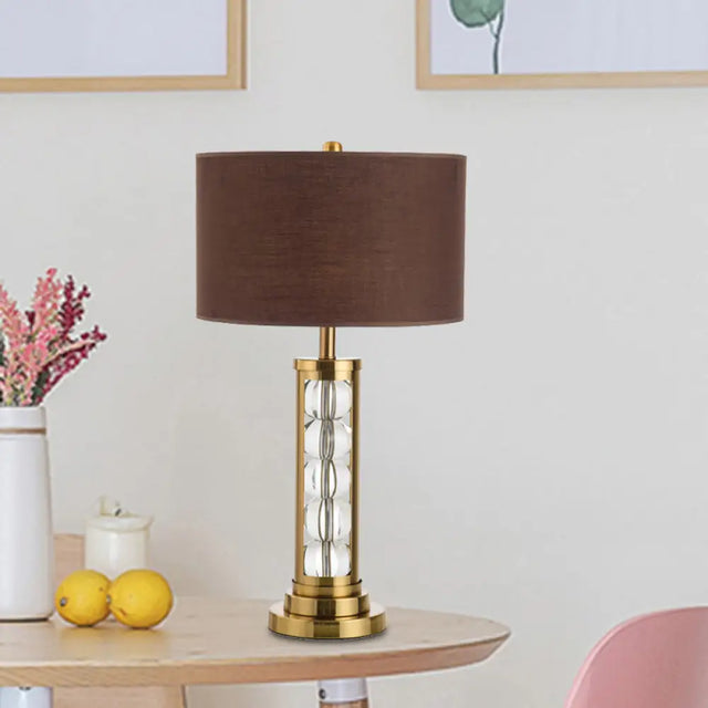 Modern Global Desk Lamp With Clear Crystal Accent Brown Base And Fabric Shade