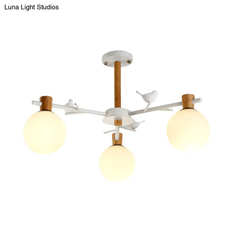 Modern Globe Chandelier With White Glass Shades - 3-Light Bedroom Lighting Fixture