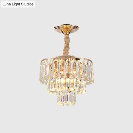 Modern Gold 3-Tier Crystal Rod Drop Lamp - 2-Light Foyer Ceiling Chandelier
