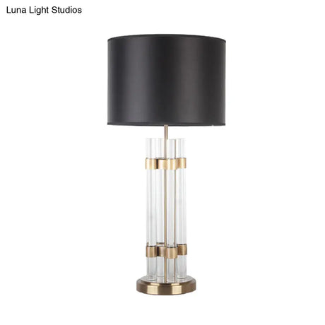 Modern Gold Barrel Fabric Desk Light | 1 Head Night Table Lamp With Clear Crystal Base