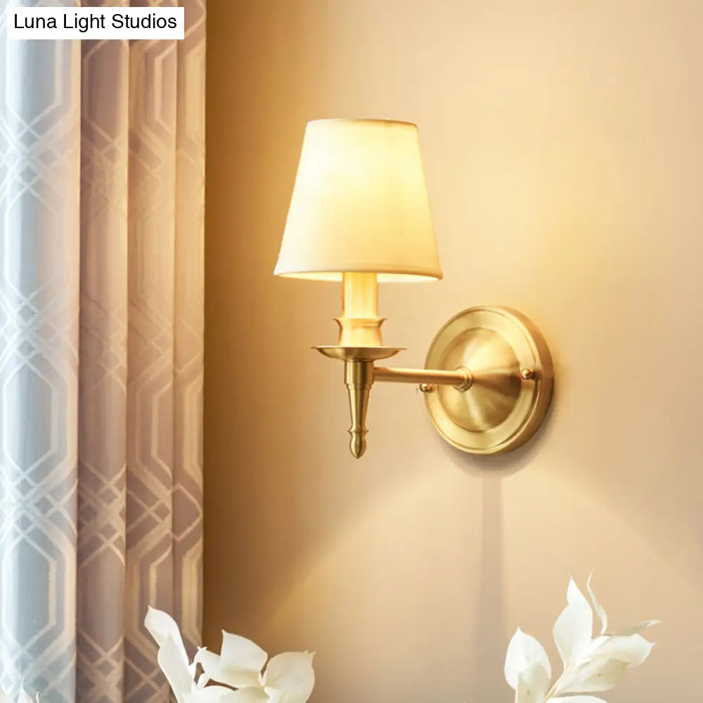 Modern Gold Bedroom Wall Sconce With Fabric Shade - Single-Bulb Light