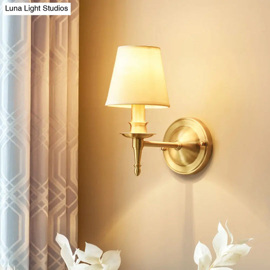 Modern Gold Bedroom Wall Sconce With Fabric Shade - Single-Bulb Light