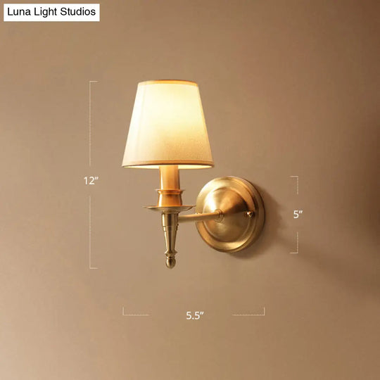 Modern Gold Bedroom Wall Sconce With Fabric Shade - Single-Bulb Light