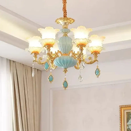Modern Gold Ceiling Chandelier With Frosted Glass Crystal Accents 6 /