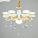 Modern Gold Chandelier With White Glass Shade - 6 Heads Ruffle-Edge Pendant For Bedroom Ceiling