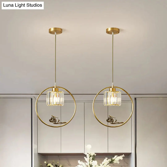 Modern Gold Circle Pendant With Crystal Cylinder Down Lighting For Dining Room – Includes