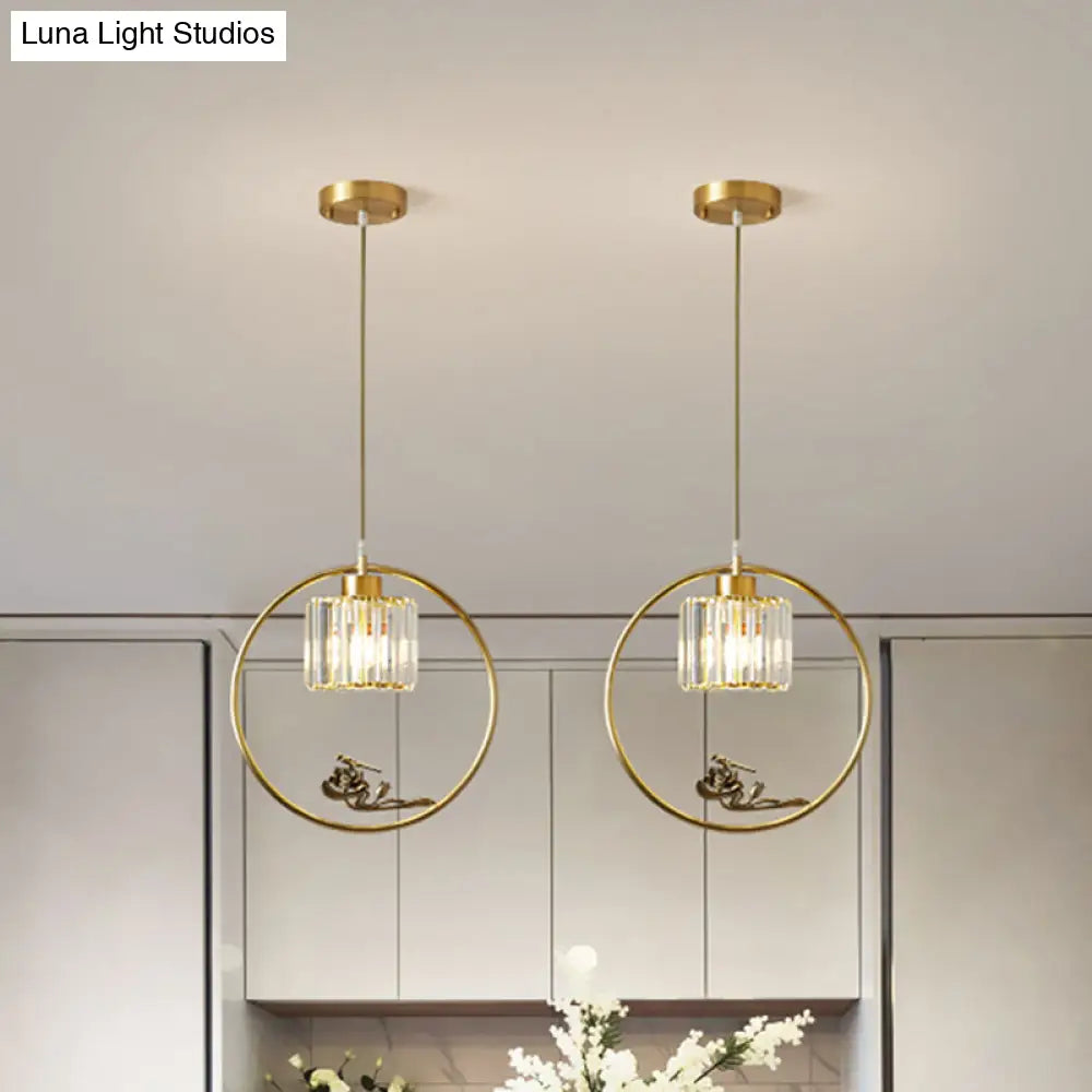 Modern Gold Circle Suspension Pendant With Decorative Bird/Dragonfly - Crystal Cylinder Dining Room