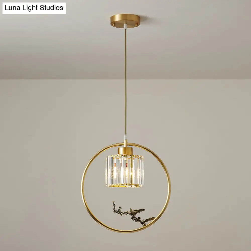 Modern Gold Circle Suspension Pendant With Decorative Bird/Dragonfly - Crystal Cylinder Dining Room