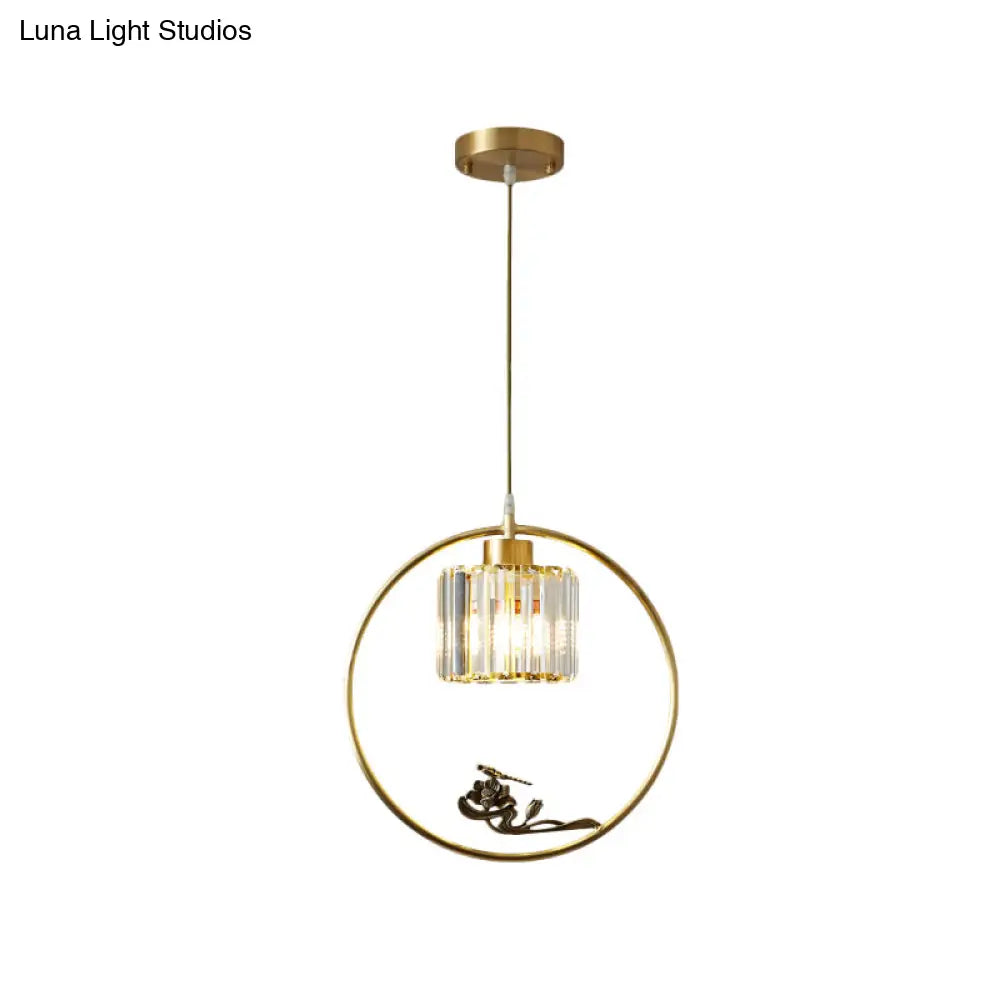 Modern Gold Circle Pendant With Crystal Cylinder Down Lighting For Dining Room – Includes