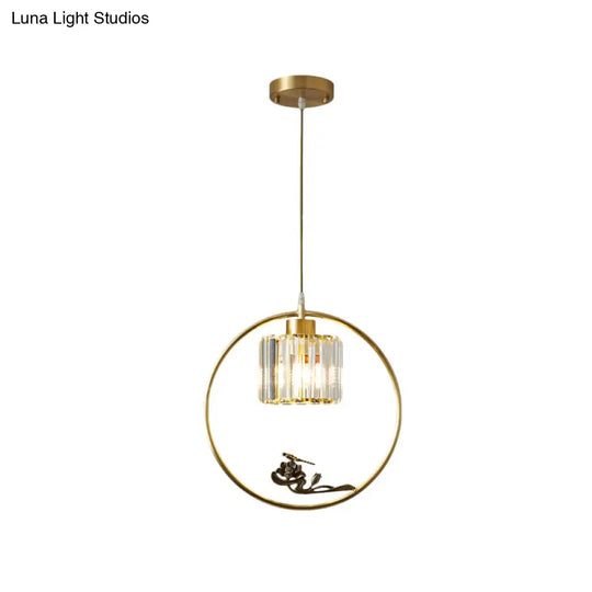 Modern Gold Circle Pendant With Crystal Cylinder Down Lighting For Dining Room – Includes