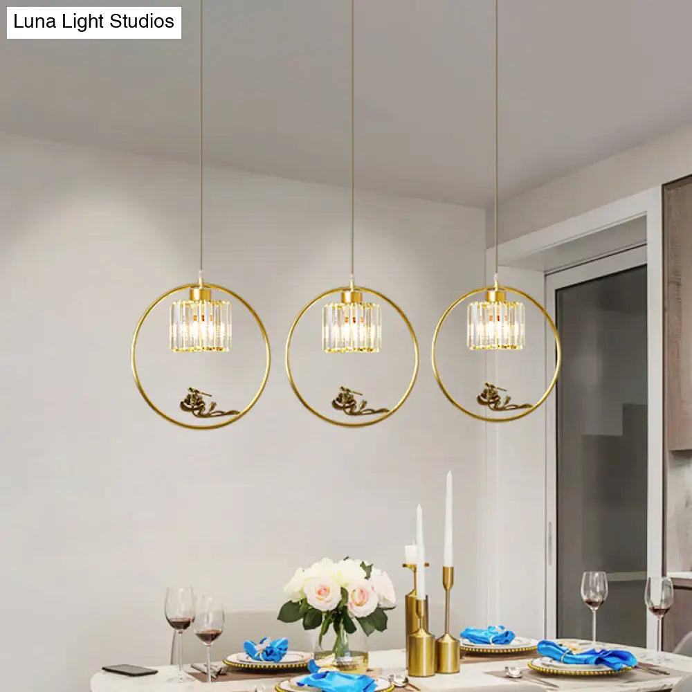 Modern Gold Circle Suspension Pendant With Decorative Bird/Dragonfly - Crystal Cylinder Dining Room
