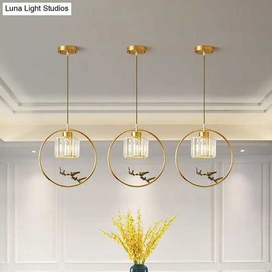 Modern Gold Circle Pendant With Crystal Cylinder Down Lighting For Dining Room – Includes
