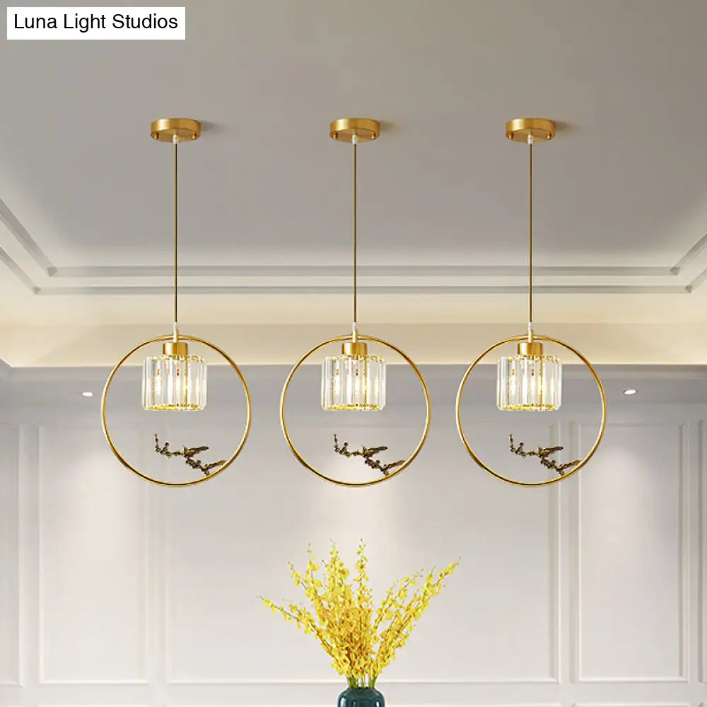 Modern Gold Circle Suspension Pendant With Decorative Bird/Dragonfly - Crystal Cylinder Dining Room