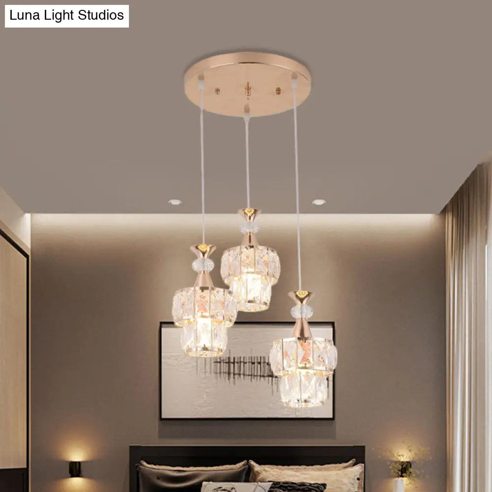 Modern Gold Cluster Light Pendant With Beveled Crystal Blocks - 2 Layers 3-Head Hanging Lamp Kit