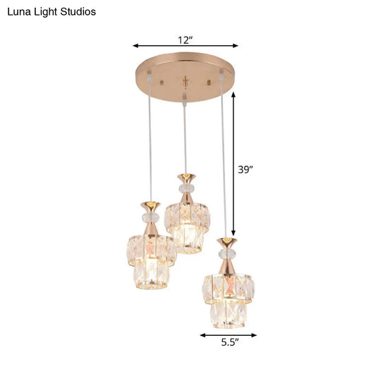 Modern Gold Cluster Pendant Light - 2 Layers 3-Head Beveled Crystal Blocks