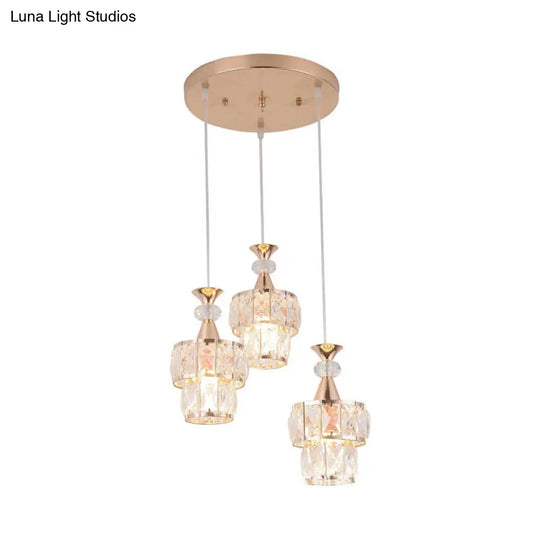 Modern Gold Cluster Pendant Light - 2 Layers 3-Head Beveled Crystal Blocks