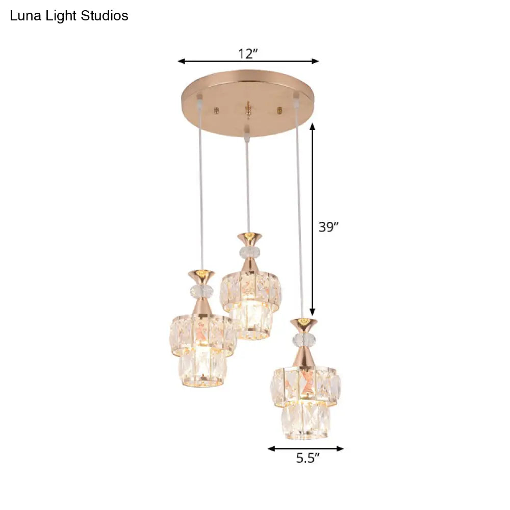 Modern Gold Cluster Light Pendant With Beveled Crystal Blocks - 2 Layers 3-Head Hanging Lamp Kit