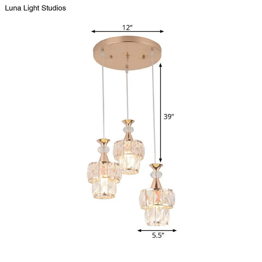 Modern Gold Cluster Light Pendant With Beveled Crystal Blocks - 2 Layers 3-Head Hanging Lamp Kit