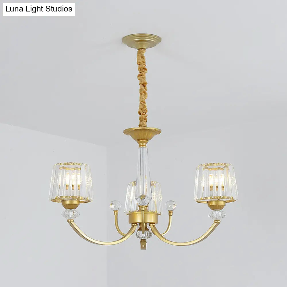 Modern Gold Crystal Block Chandelier - Barrel Dining Room Lighting 3/6 Suspended Pendant Lights