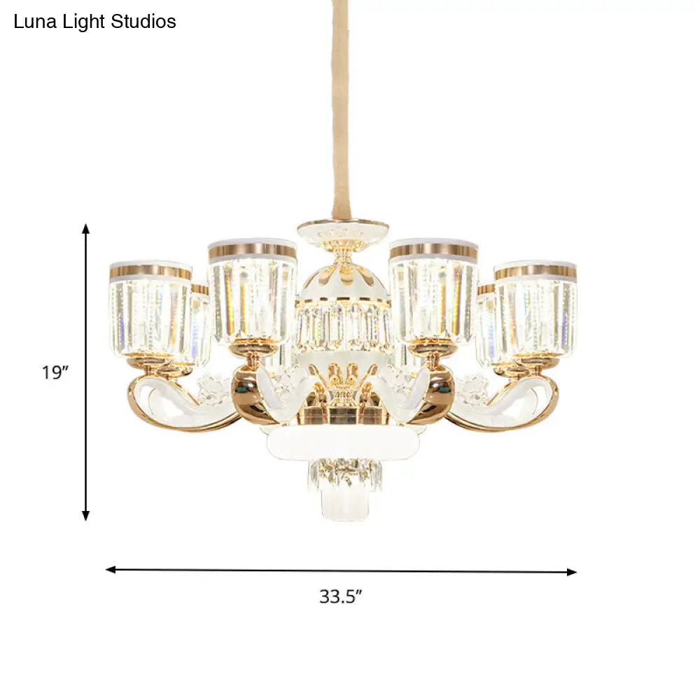 Modern Crystal Block Bell Chandelier With Gold Finish - 6/8 Heads