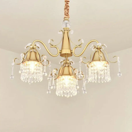 Modern Gold Crystal Drip Cylinder Chandelier With 3 Pendant Lights For Bedroom