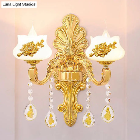 Modern Gold Crystal Droplet Glass Flower Wall Mount Sconce