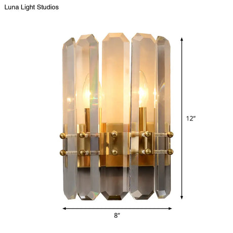 Modern Gold Crystal Flush Wall Sconce: Half-Cylinder Rectangle-Cut Lamp With 2 Lights For Hallways
