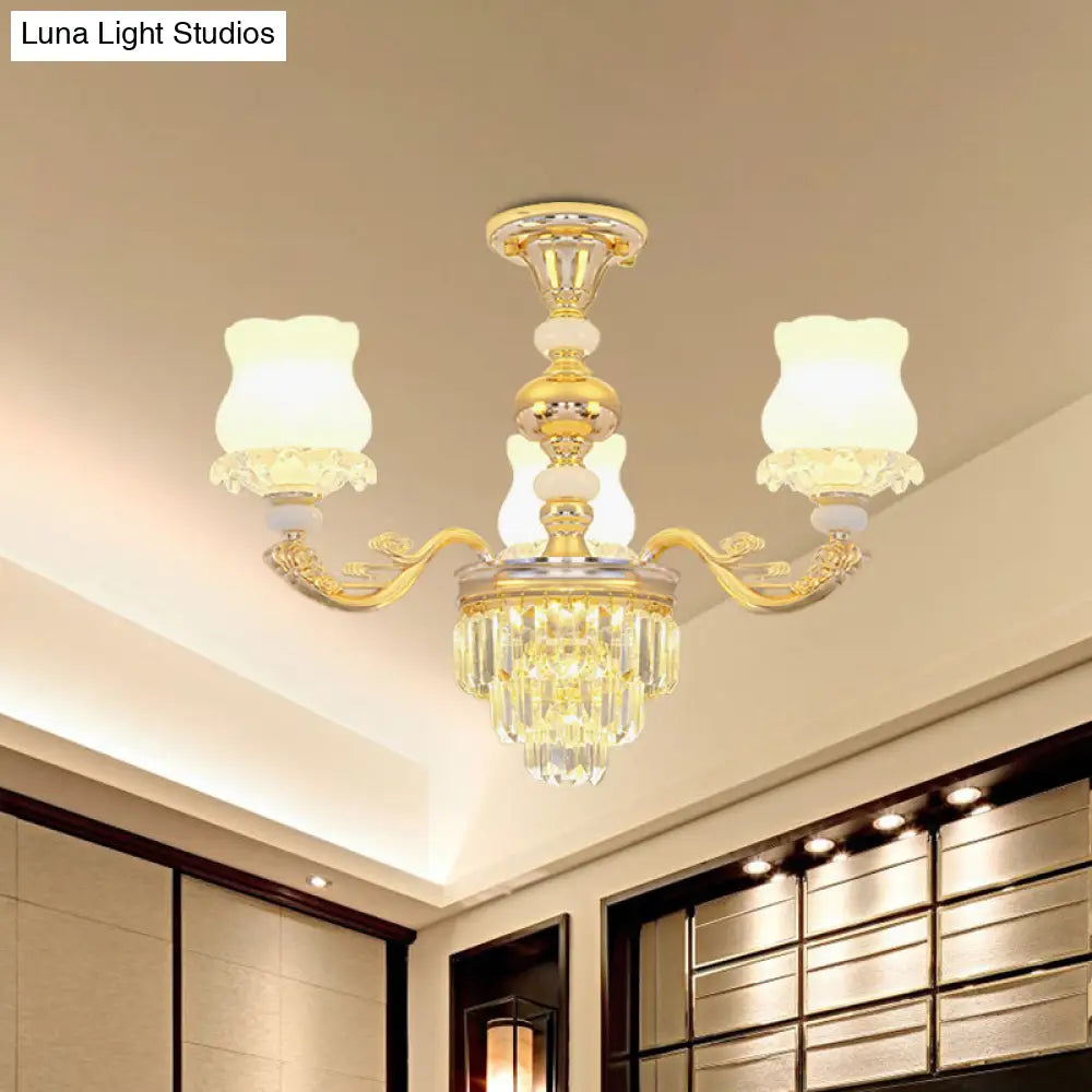 Modern Gold Crystal Glass Flower Ceiling Flush Light For Bedroom (3/6 Lights)