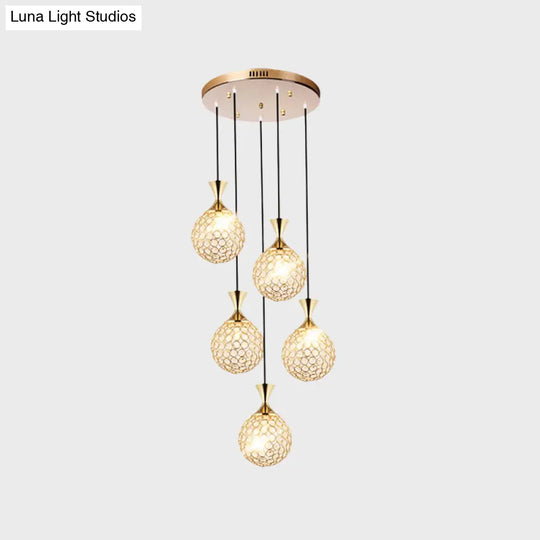 Modern Gold Crystal Cluster Pendant Light - Perfect For Dining Room 3/5 Bulbs Globe Design